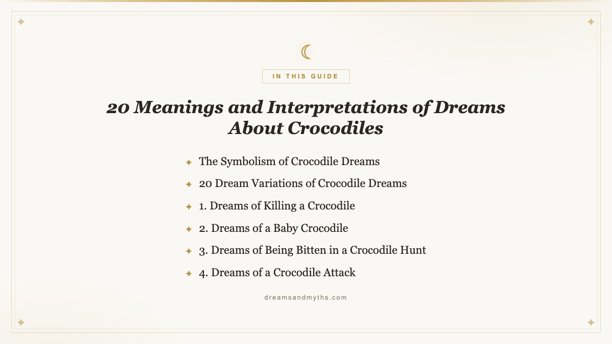 At a glance — 20 Meanings and Interpretations of Dreams About Crocodiles